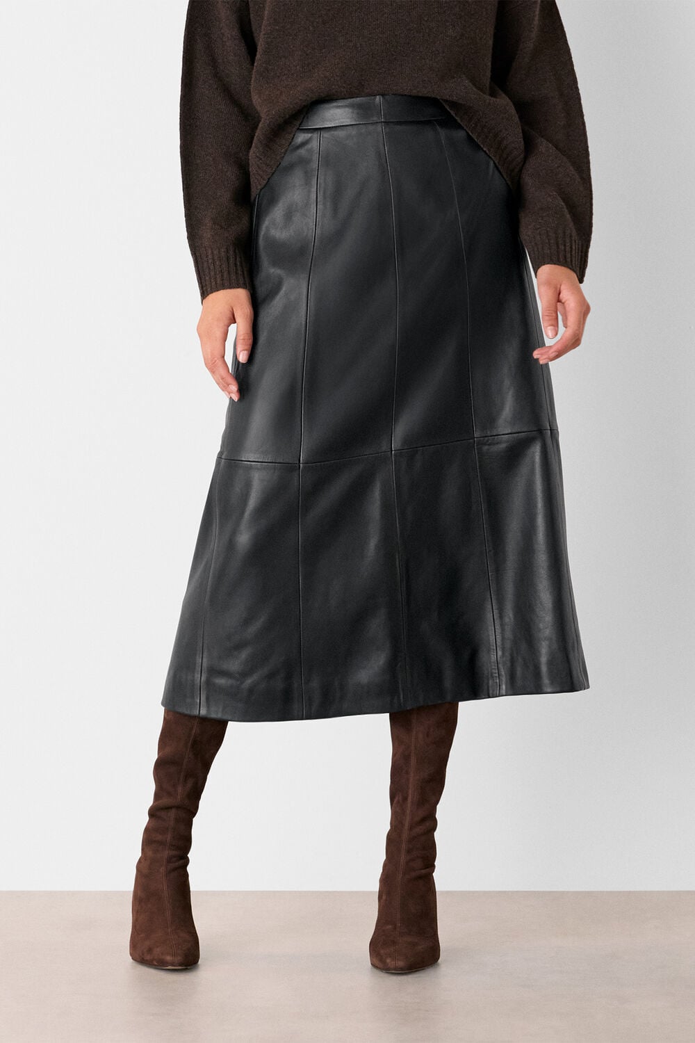 Black Burnished Leather Midi Skirt