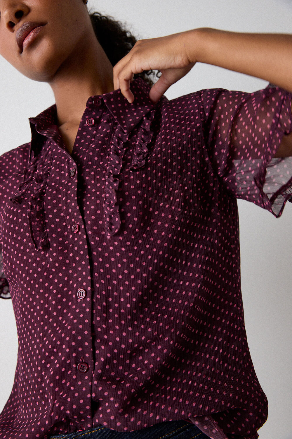 Burgundy Polka Dot Sheer Sleeve Shirt