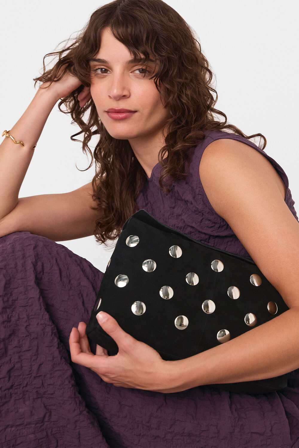 Black Fia Studded Foldtop Clutch Bag