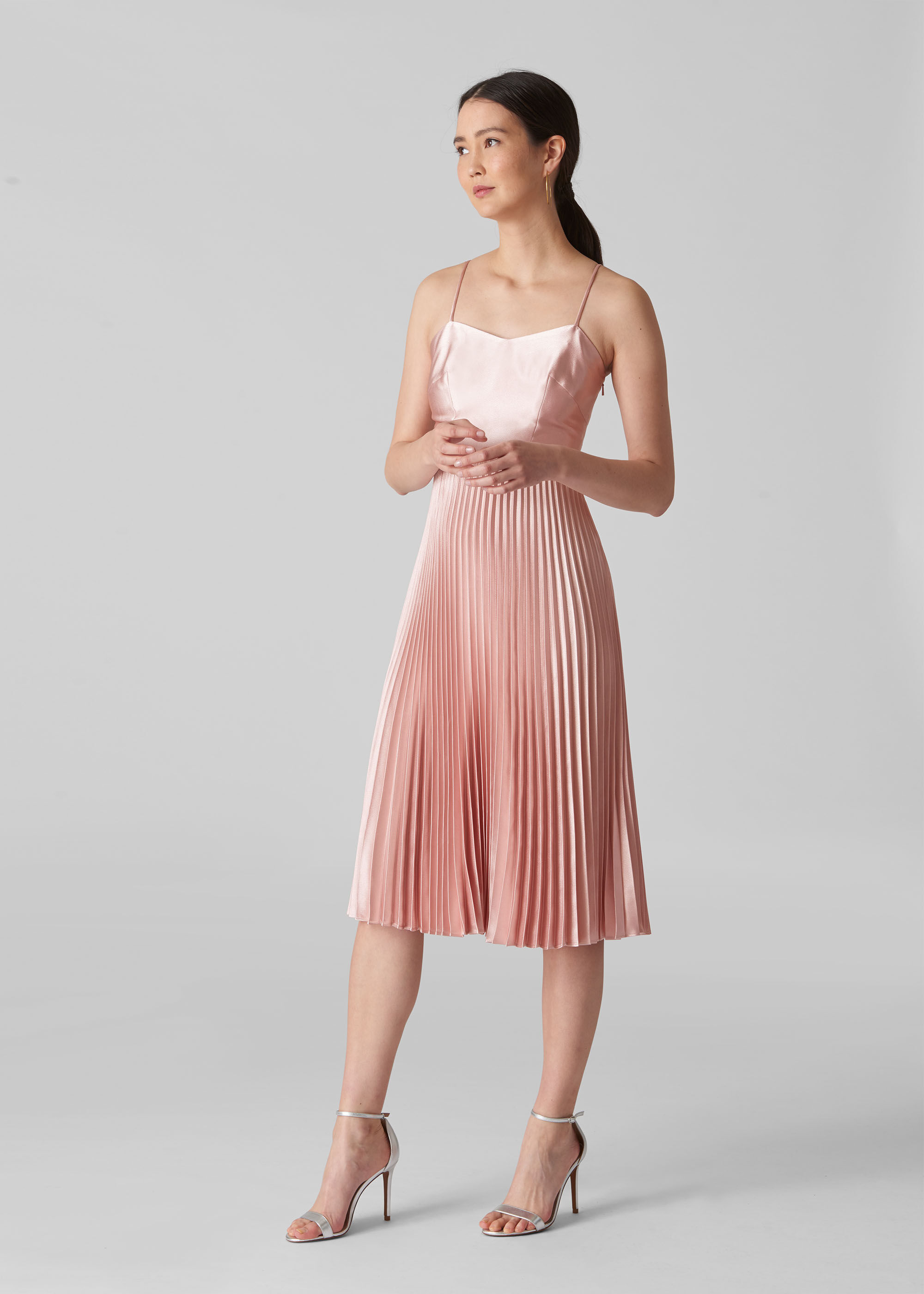 Pale Pink Satin Pleated Strappy Dress 
