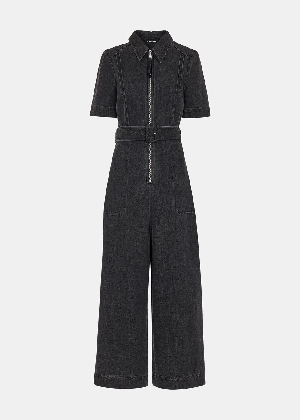 Denim Pintuck Belted Jumpsuit