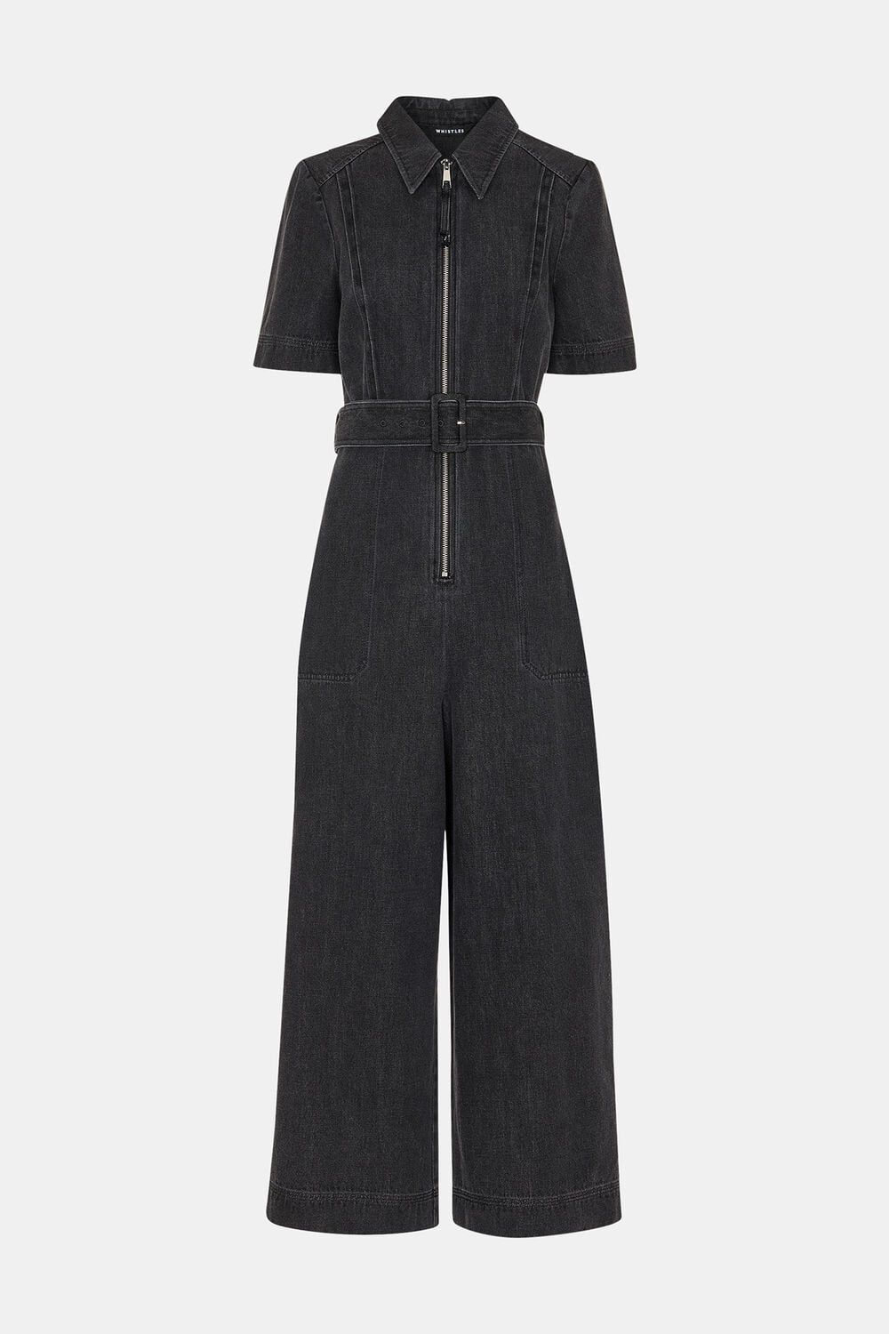 Denim Pintuck Belted Jumpsuit
