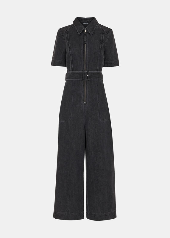 Denim Pintuck Belted Jumpsuit