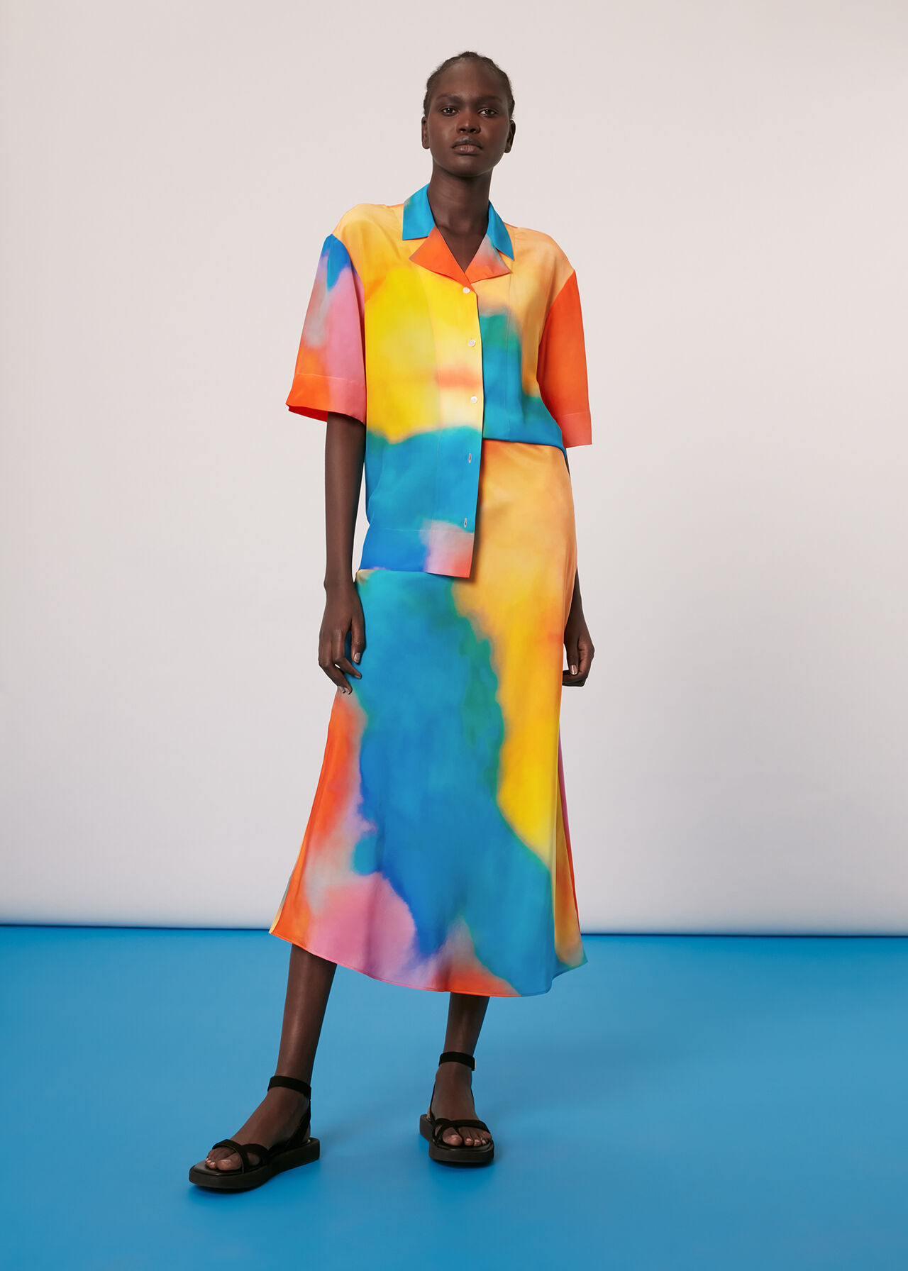 Blue/Multi Rainbow Bias Cut Skirt | WHISTLES | Whistles UK