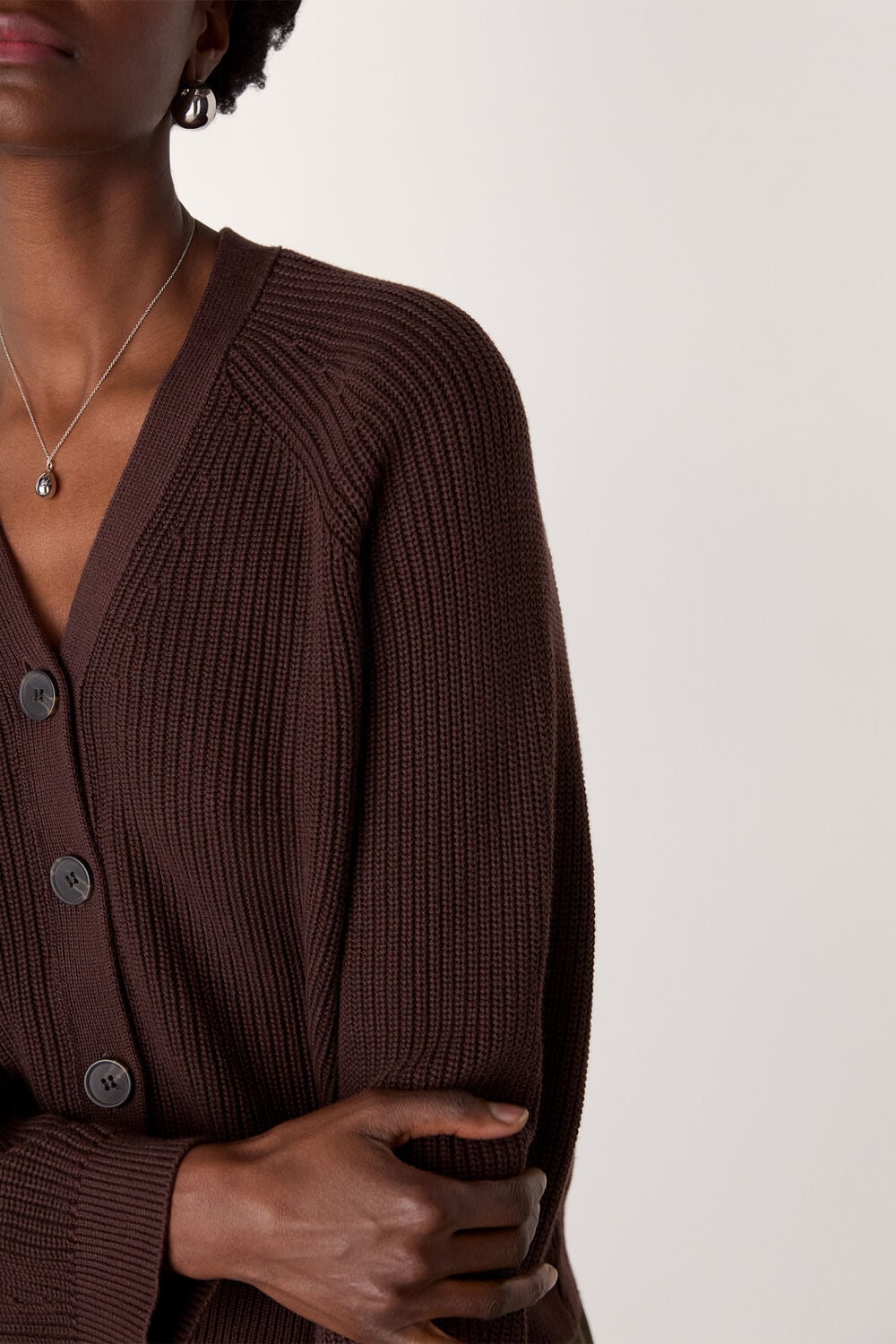 Brown V Neck Cotton Cardigan