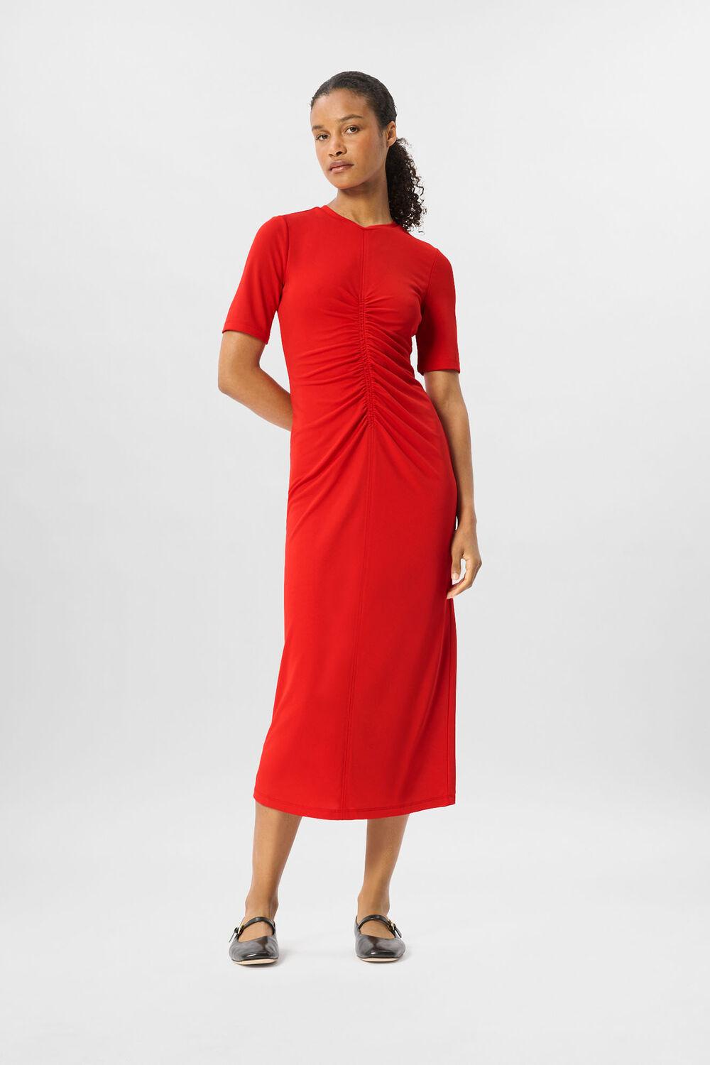 Red Gathered Jersey Midi Dress