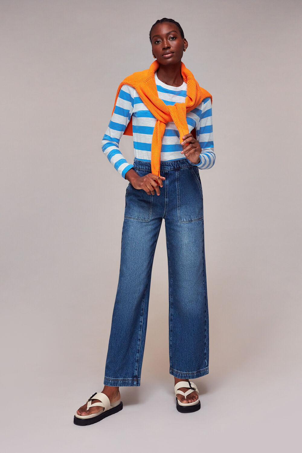 Blue Crew Neck Stripe Pocket Top