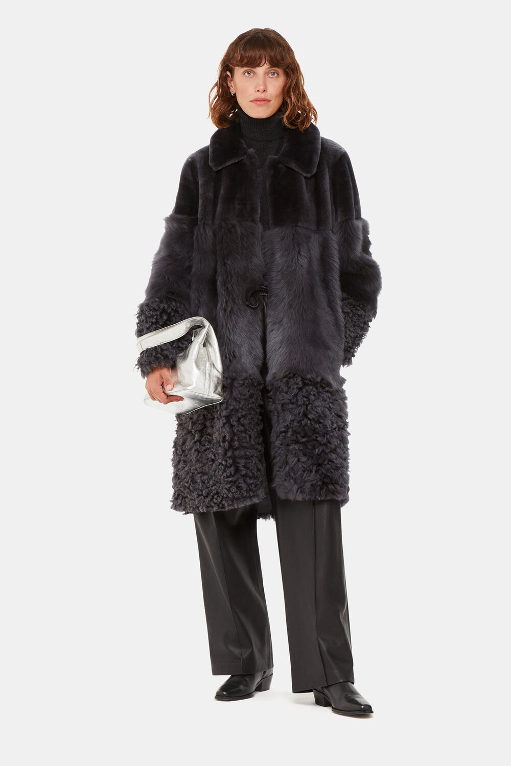 Grey Cossma Shearling Longline Coat