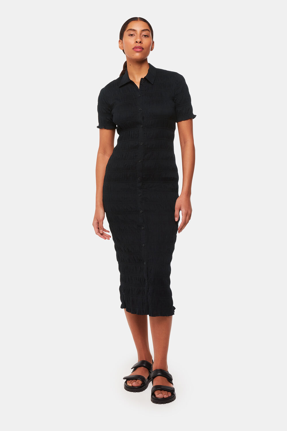 Black Monique Shirred Midi Dress