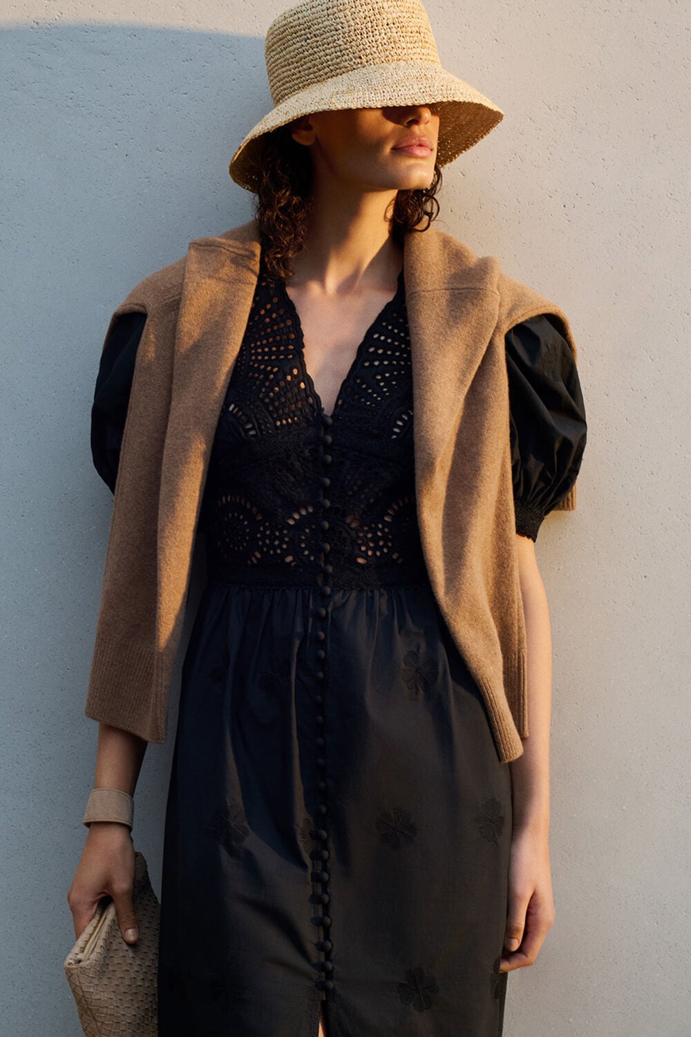 Black Cotton Broderie V Neck Dress