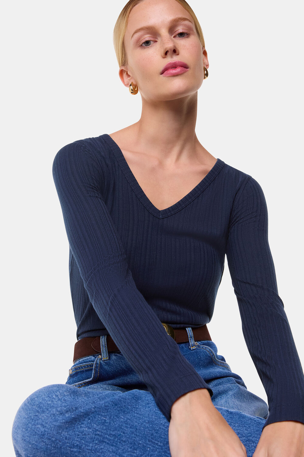 Navy Diagonal Rib V Neck Top