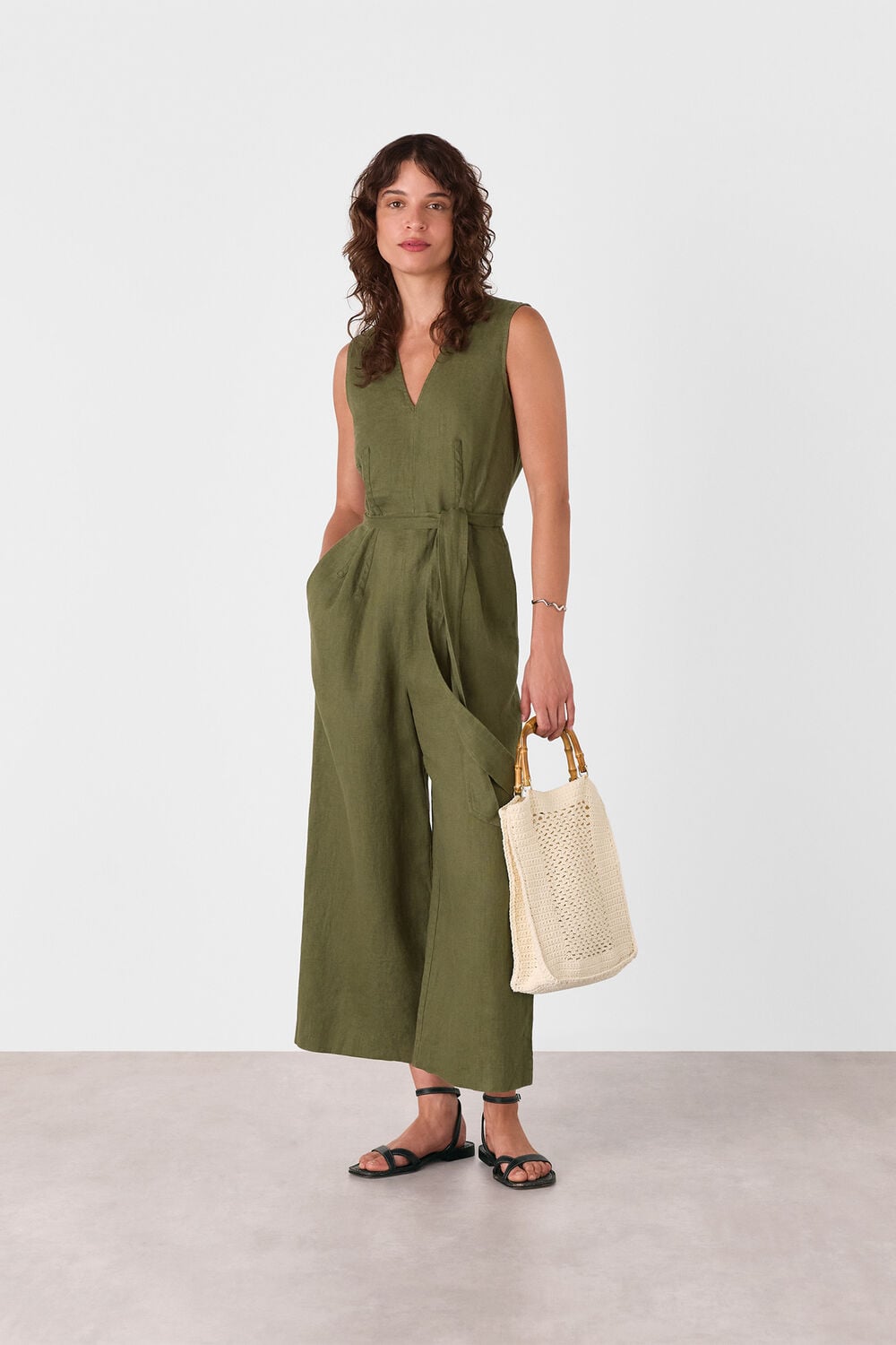Khaki Belted Seamed Linen Jumpsuit