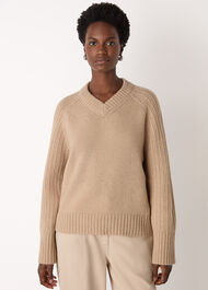 Wool Ribbed Sleeve V Neck Knit