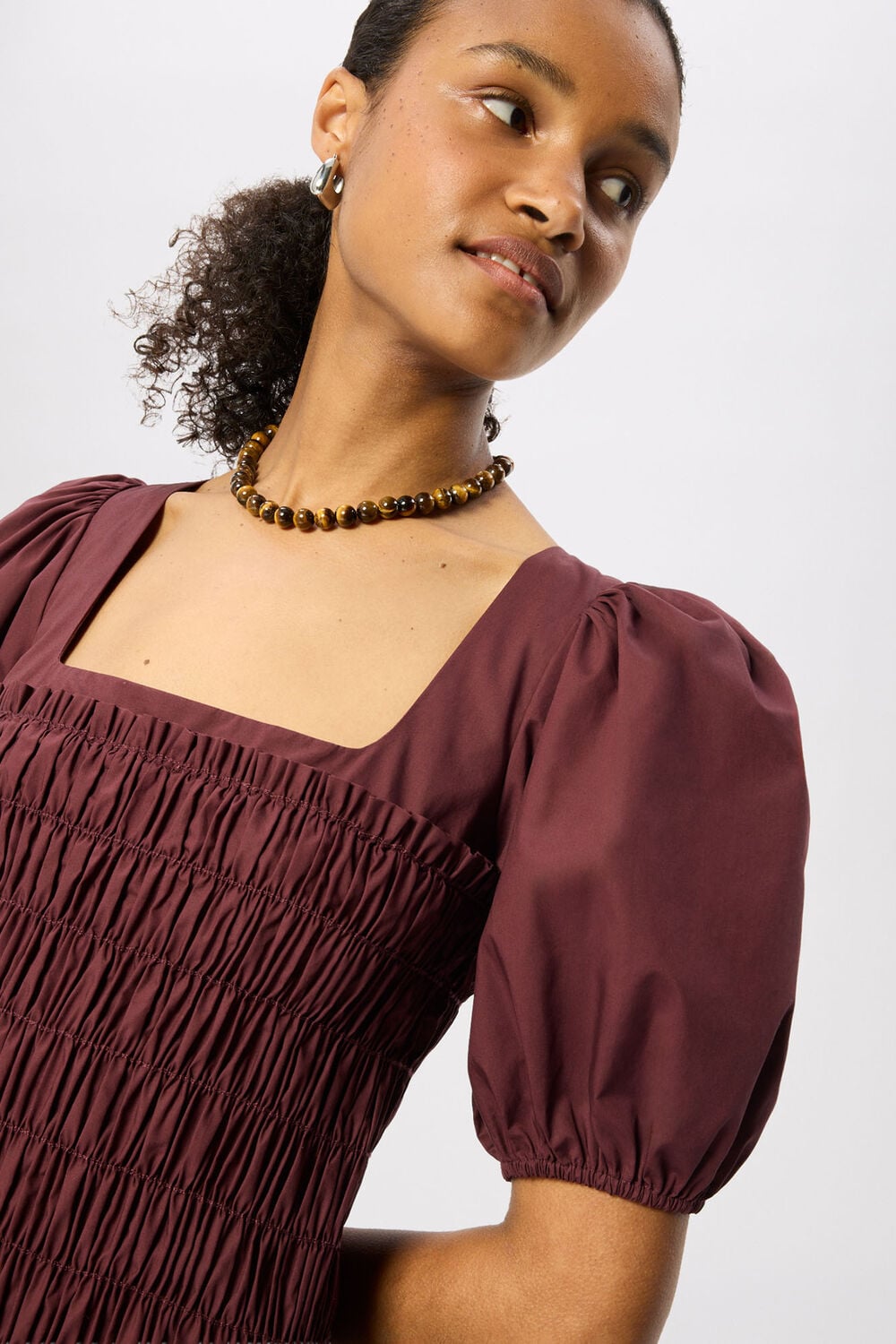 Plum Cotton Ruched Bodice Dress