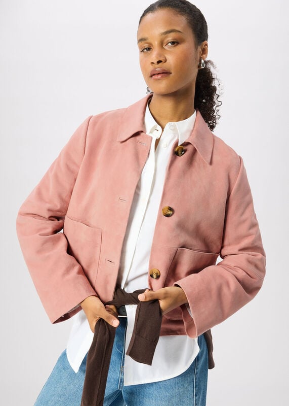 Pink Button Cropped Suede Jacket