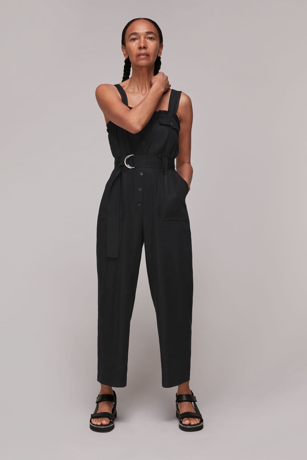 Black Frill Utility Belted Jumpsuit