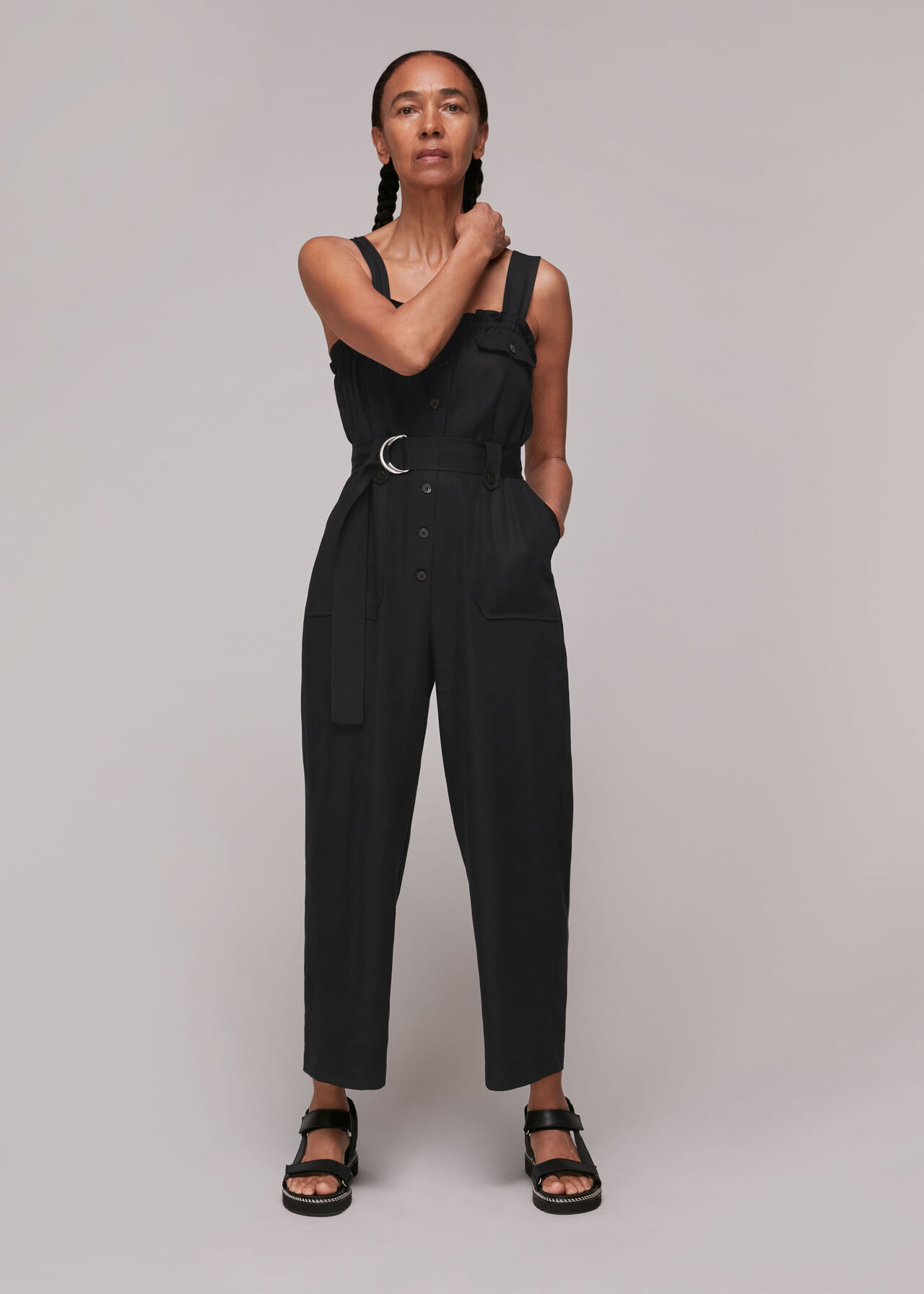 Black Frill Utility Belted Jumpsuit | WHISTLES |