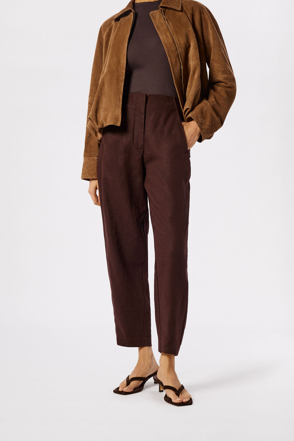 Brown Petite Linen Barrel Leg Trouser
