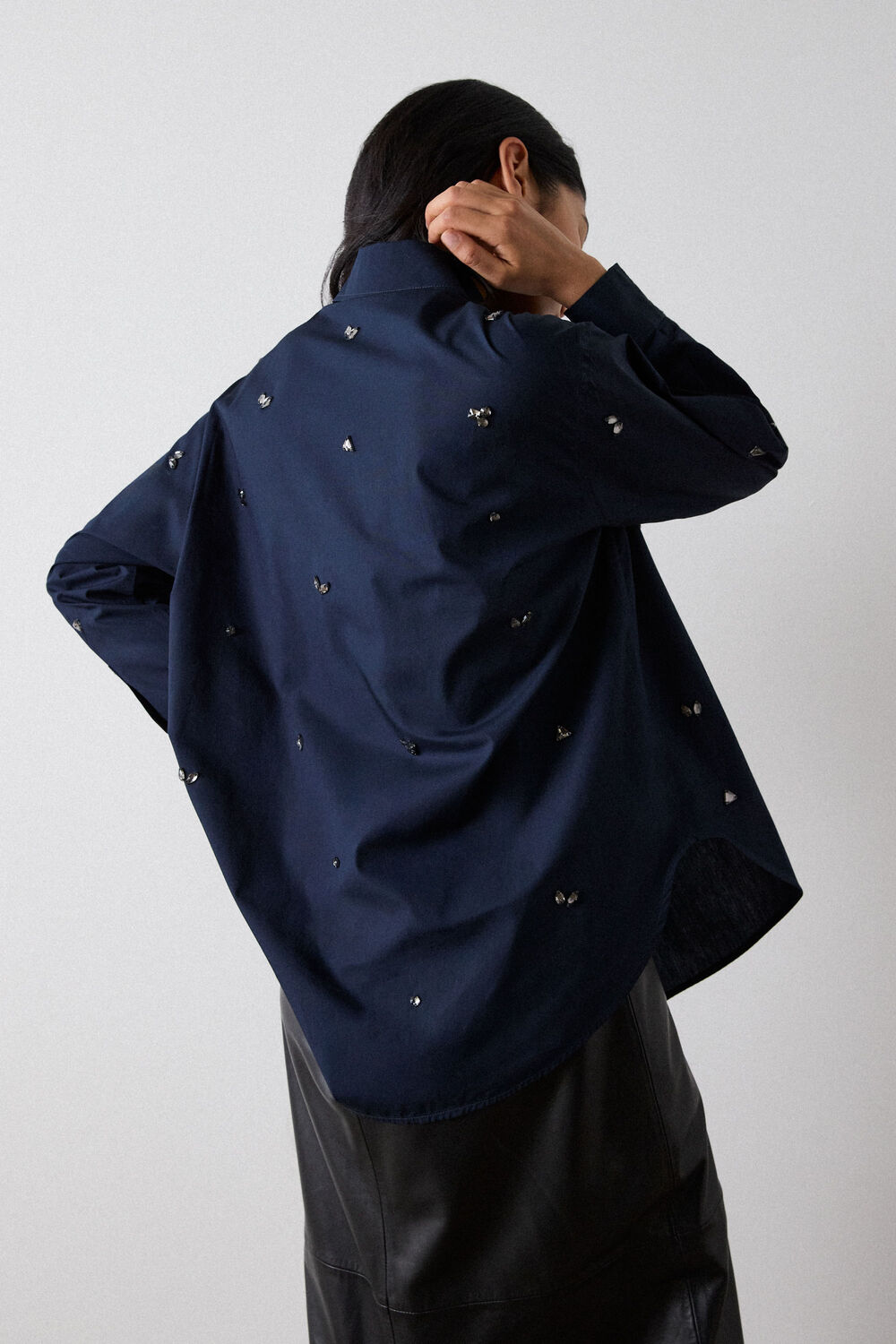 Navy Jewelled Cotton Poplin Shirt