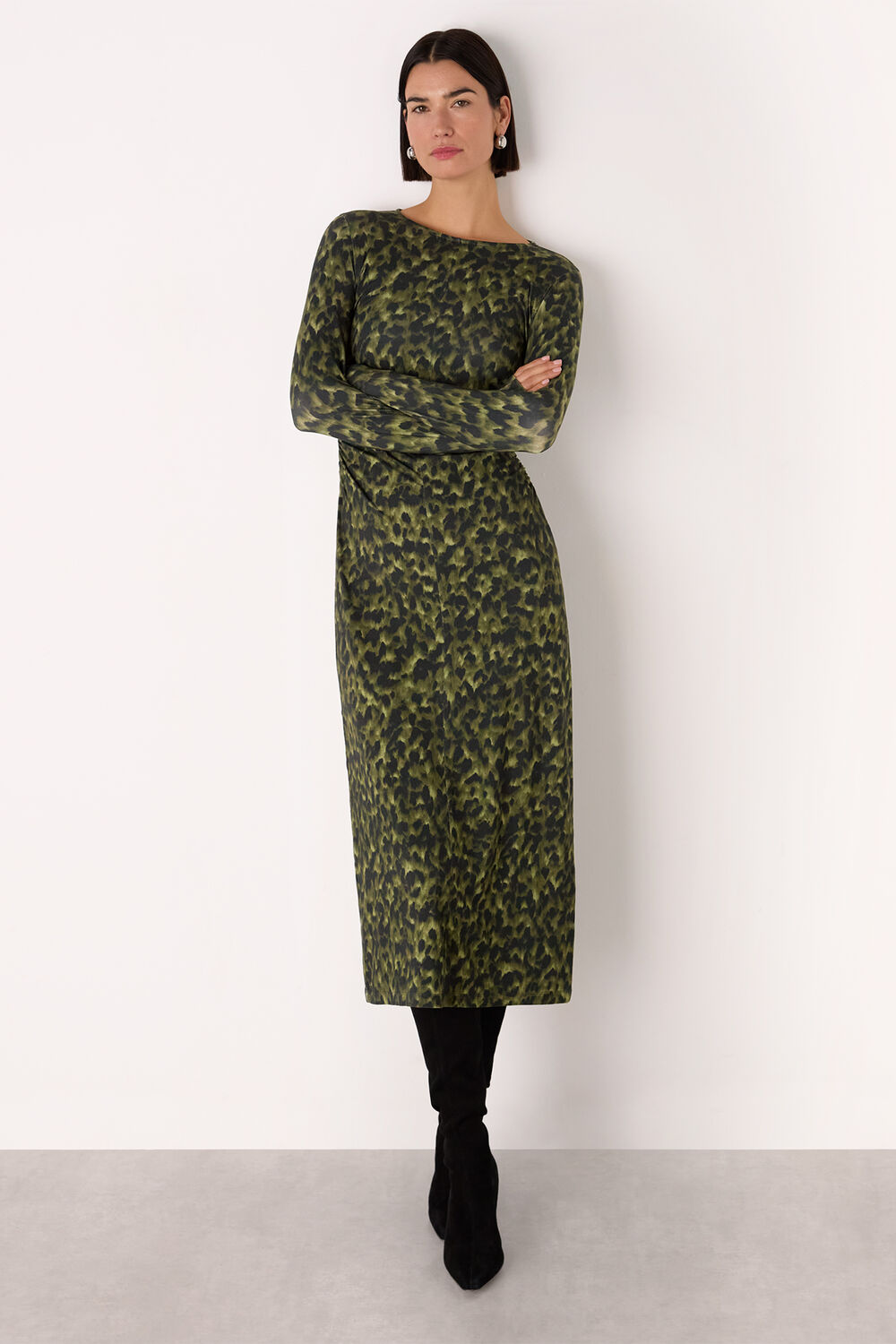 Green Animal Jersey Ruched Dress