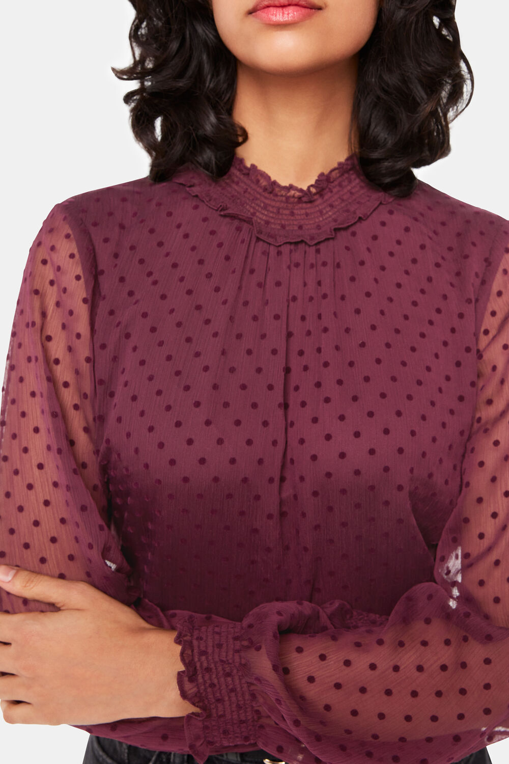 Burgundy Dobby Velvet Shirred Top