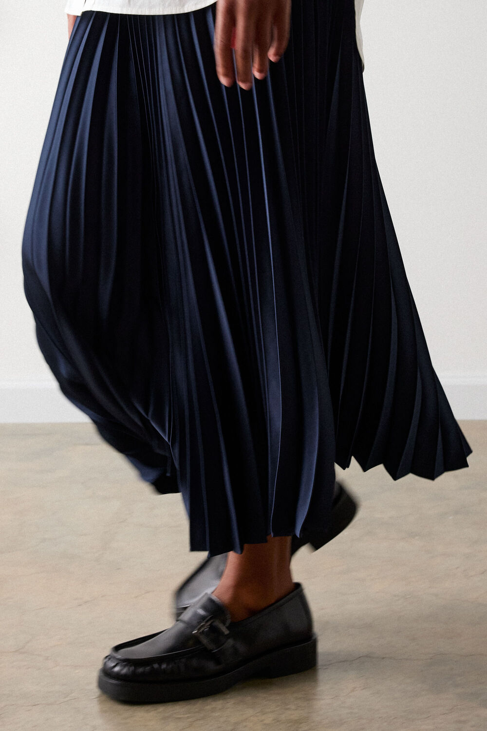 Navy Satin Pleated Midi Skirt