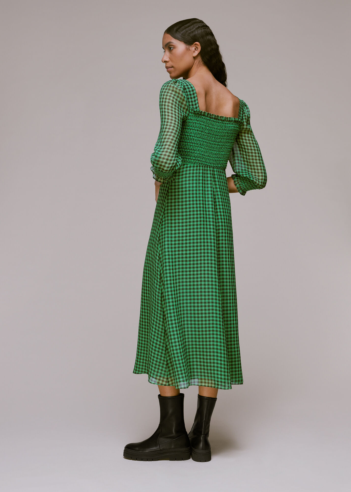 Green/Multi Lottie Gingham Shirred Dress WHISTLES Whistles US