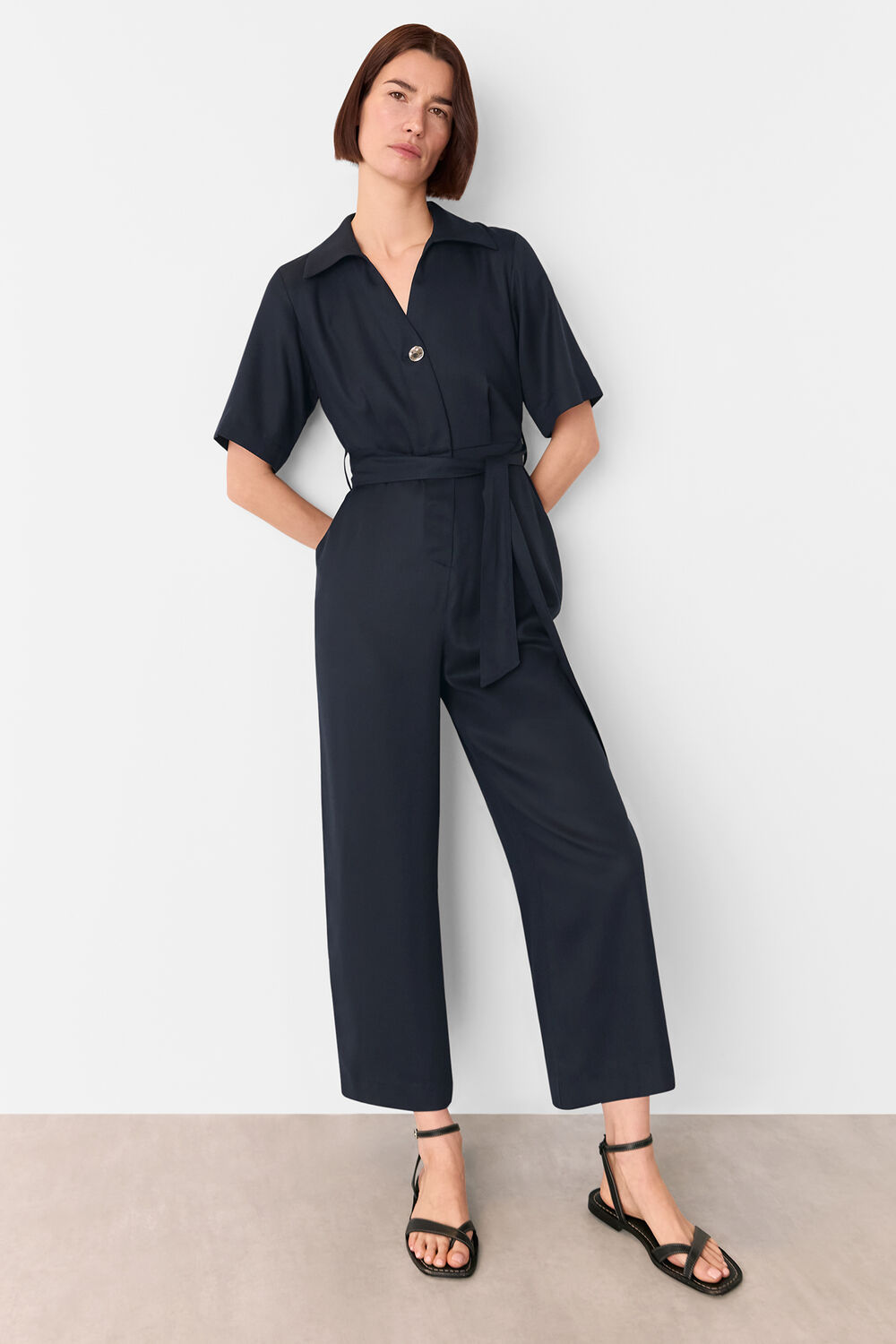 Navy Button Front Jumpsuit