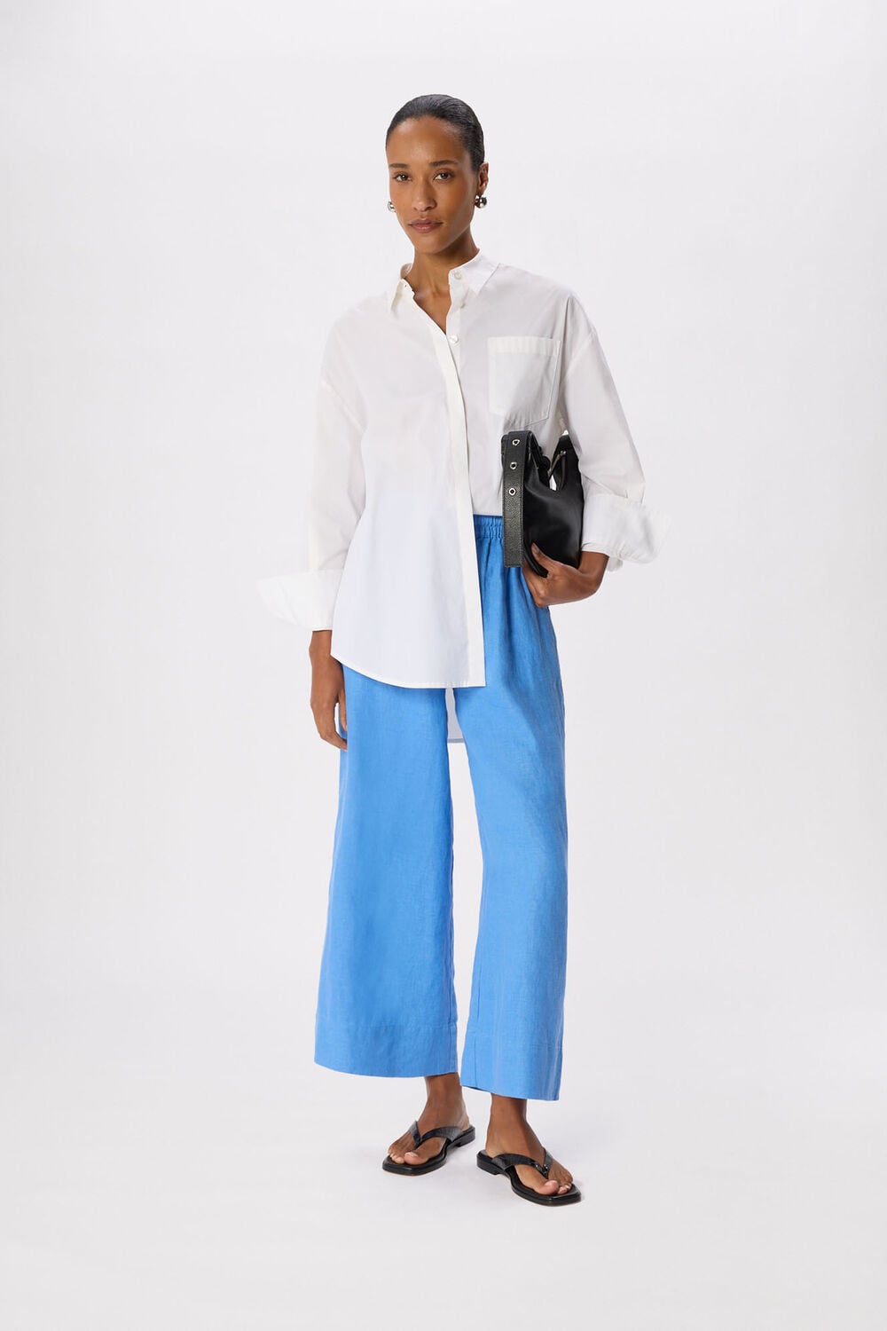 Blue Elasticated Linen Crop Trouser