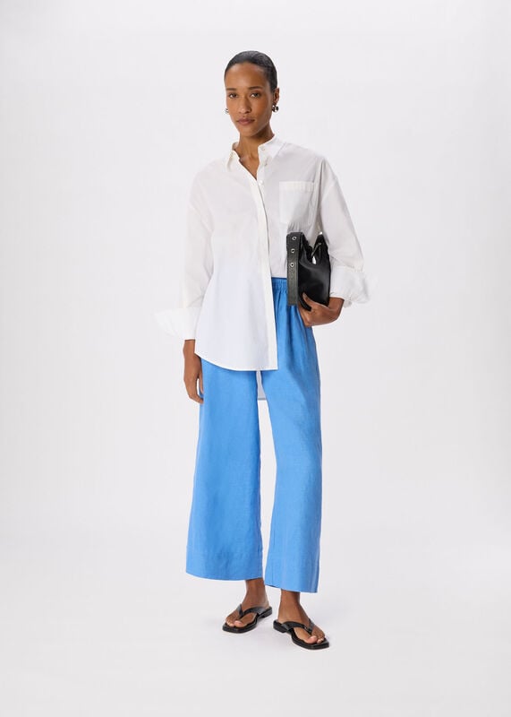 Blue Elasticated Linen Crop Trouser