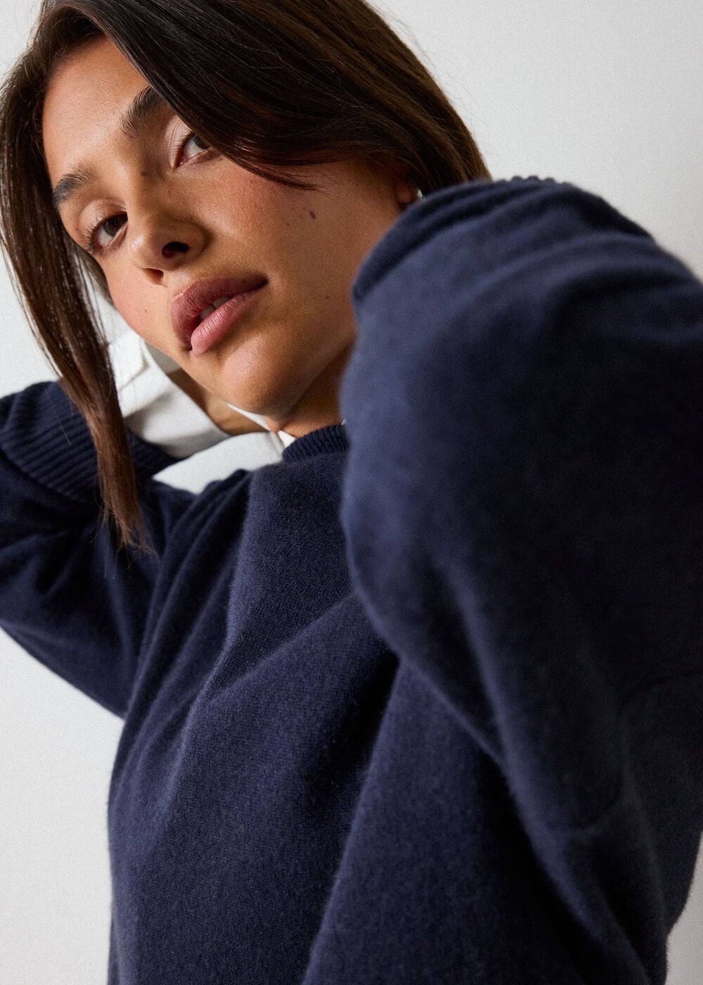 Navy Cashmere Seam Detail Crew Knit