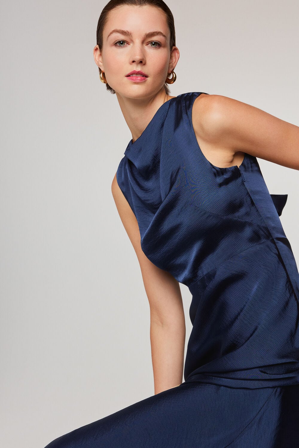 Navy Cowl Neck Satin Maxi Dress