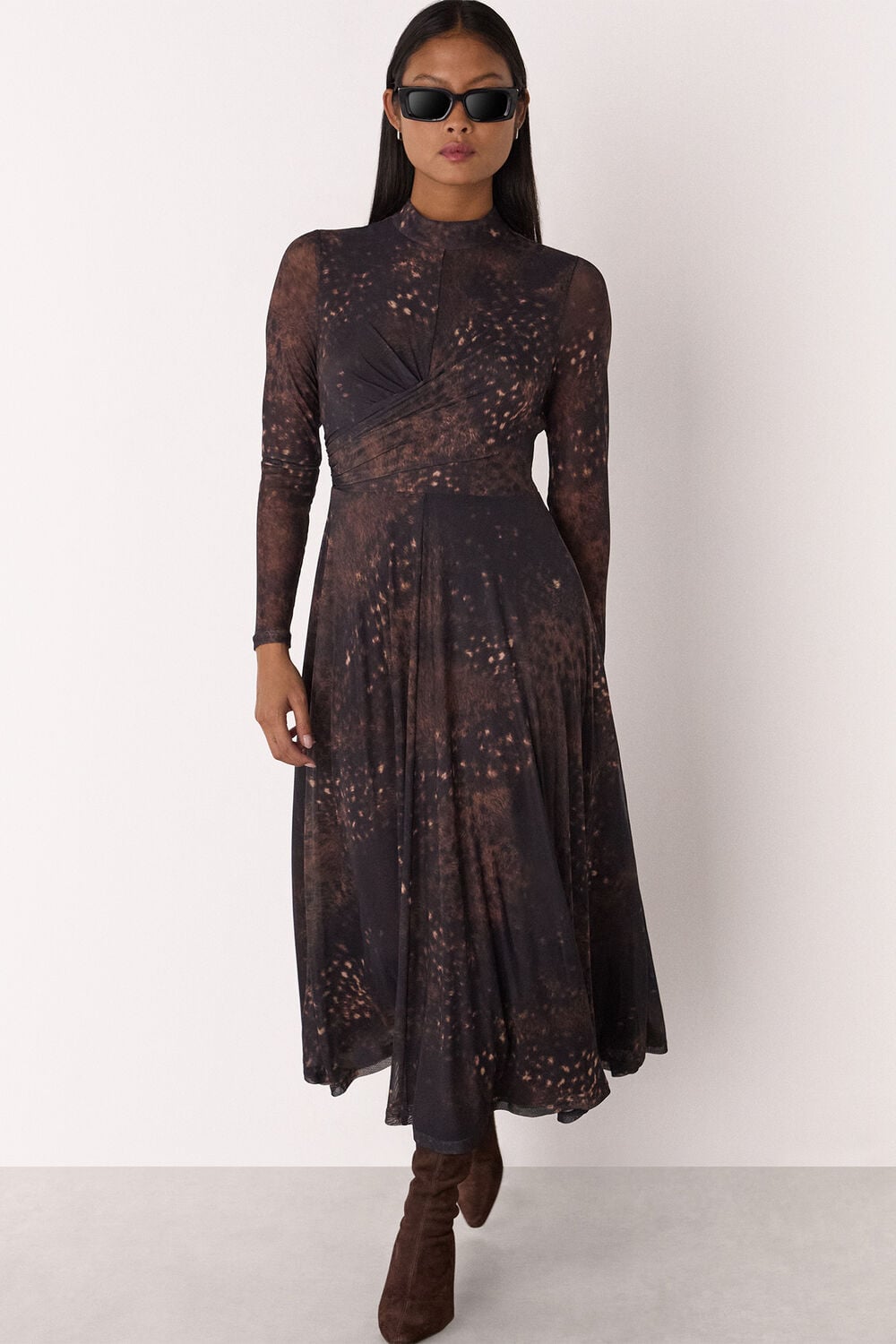 Brown Petite Spotted Animal Mesh Dress