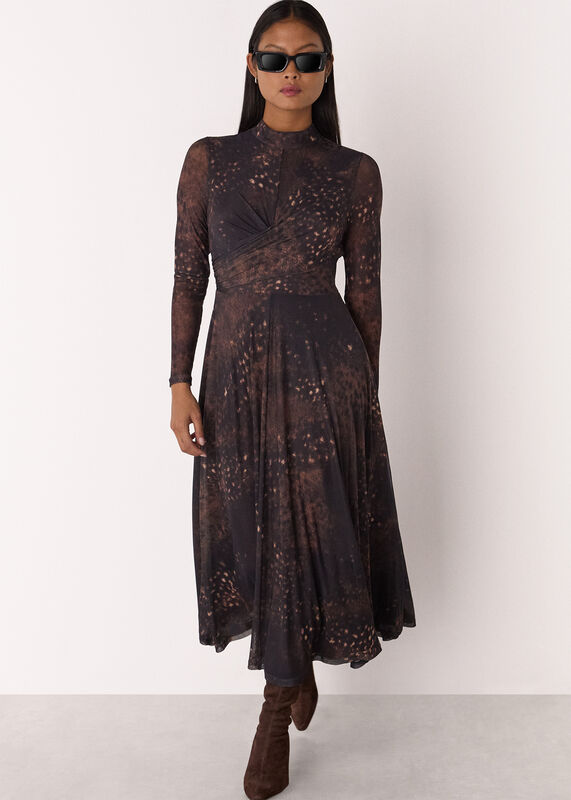 Brown Petite Spotted Animal Mesh Dress