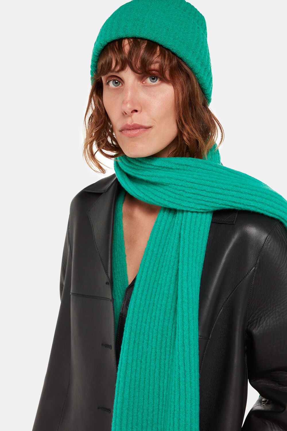 Green Wool Mix Rib Scarf