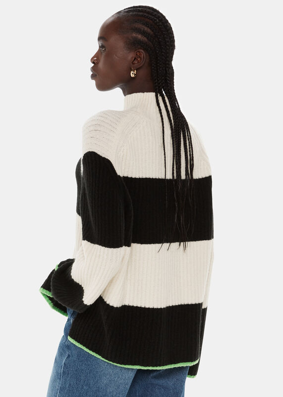 Black Block Stripe Rib Funnel Neck