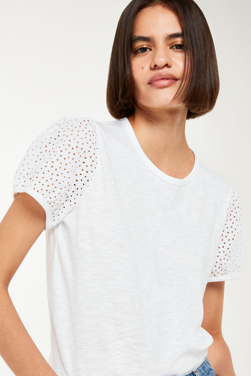 White Broderie Puff Sleeve T-Shirt