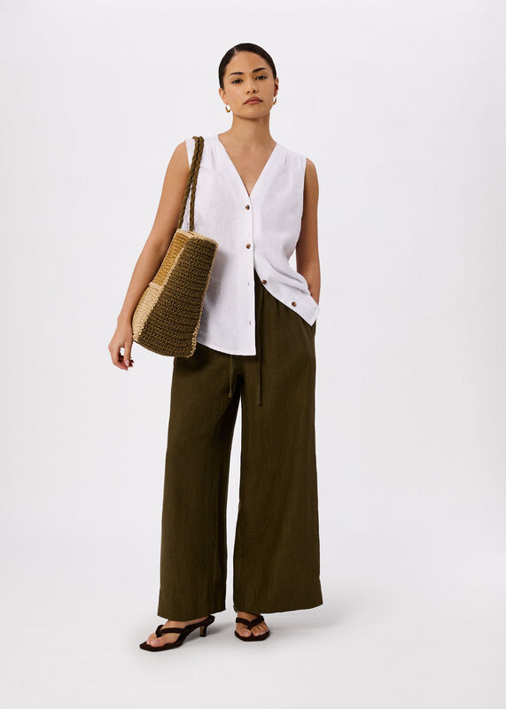 Khaki Petite Elasticated Linen Crop Trouser
