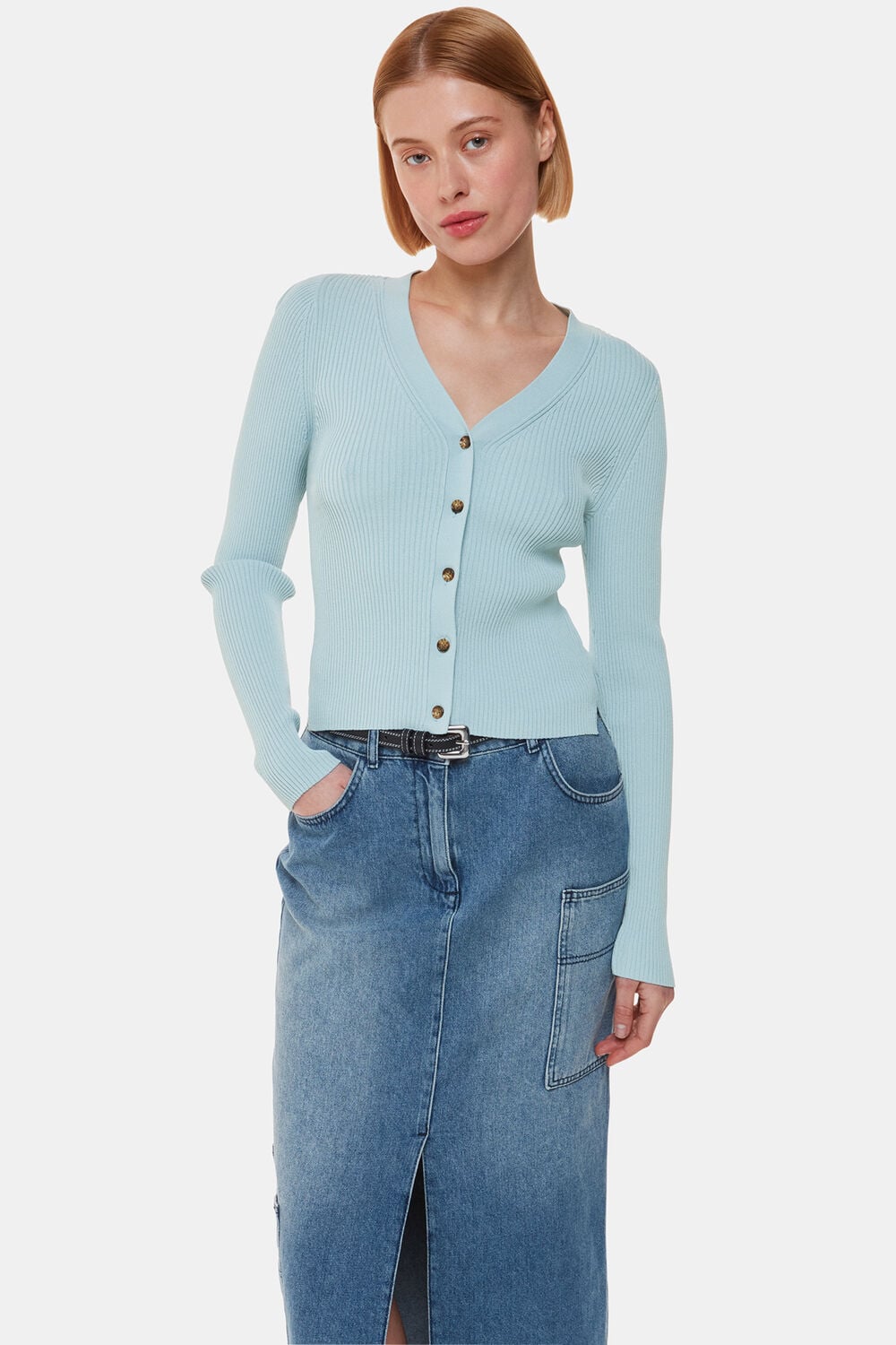 Blue Ribbed V neck Cardigan