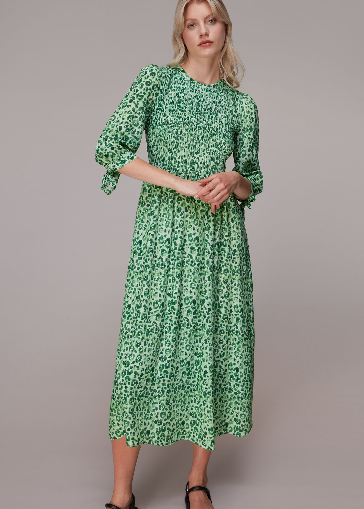 Green/Multi Cheetah Print Shirred Dress | WHISTLES
