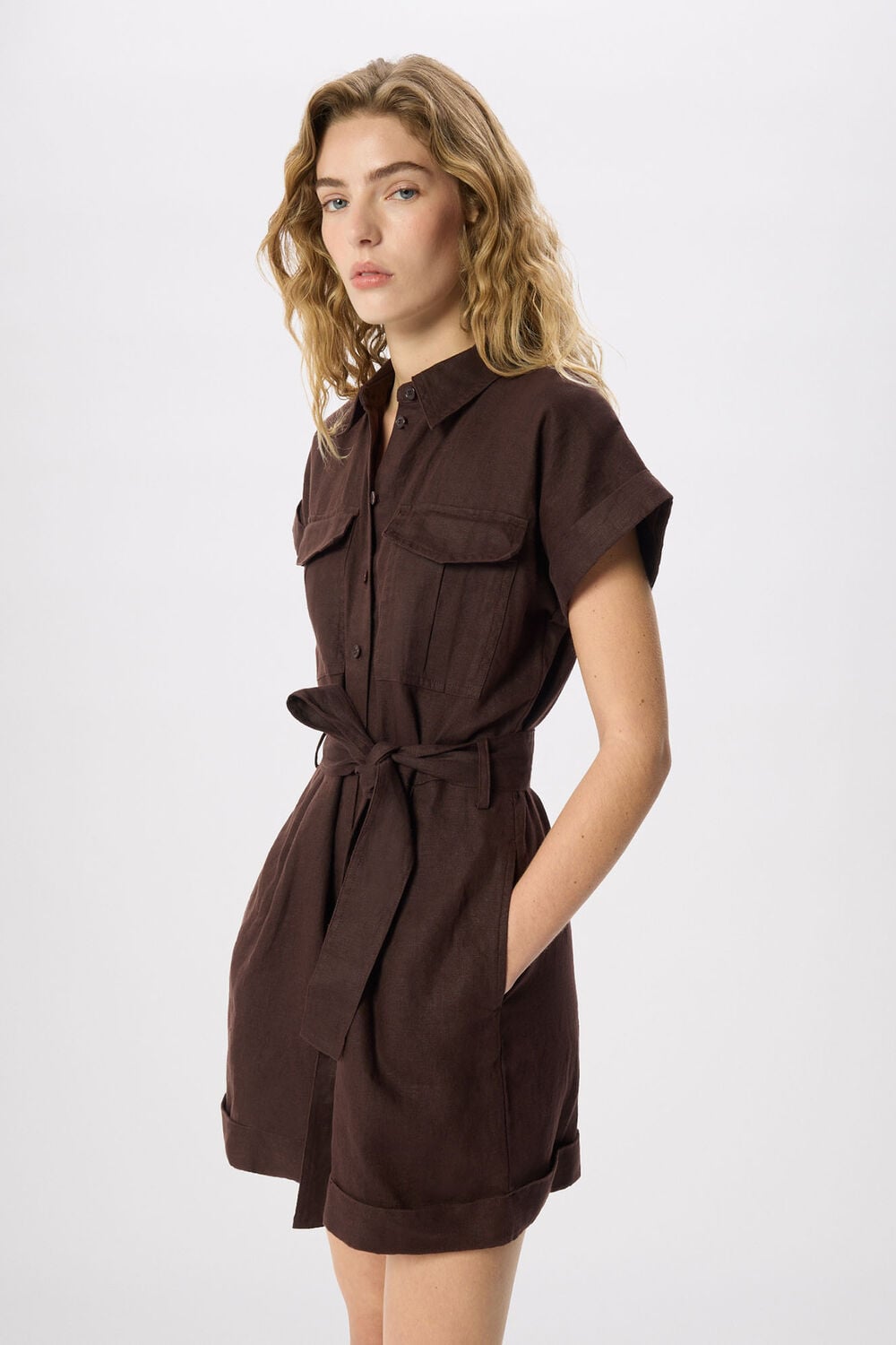 Chocolate Pocket Detail Linen Playsuit