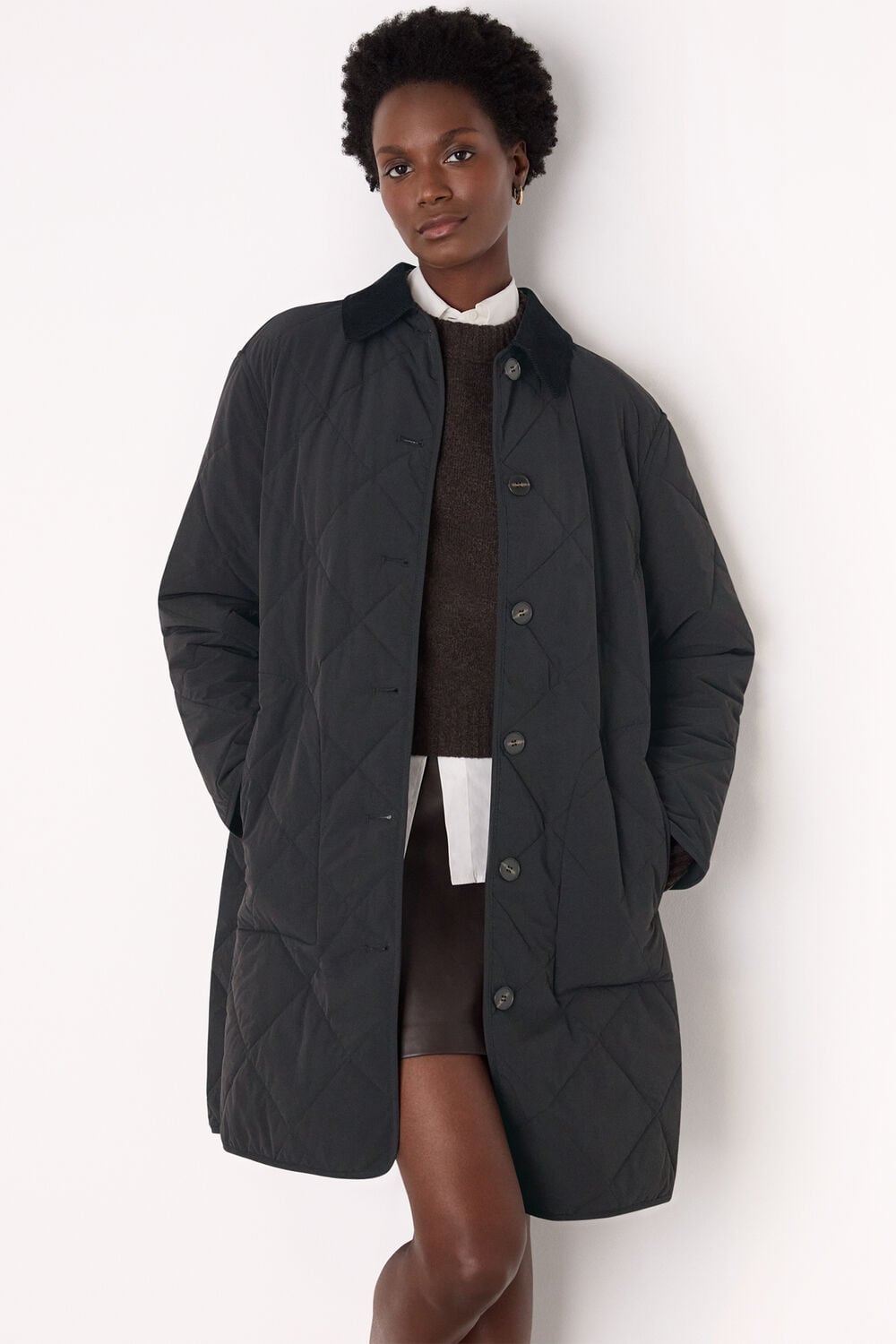 Black Quilted Cord Collar Coat