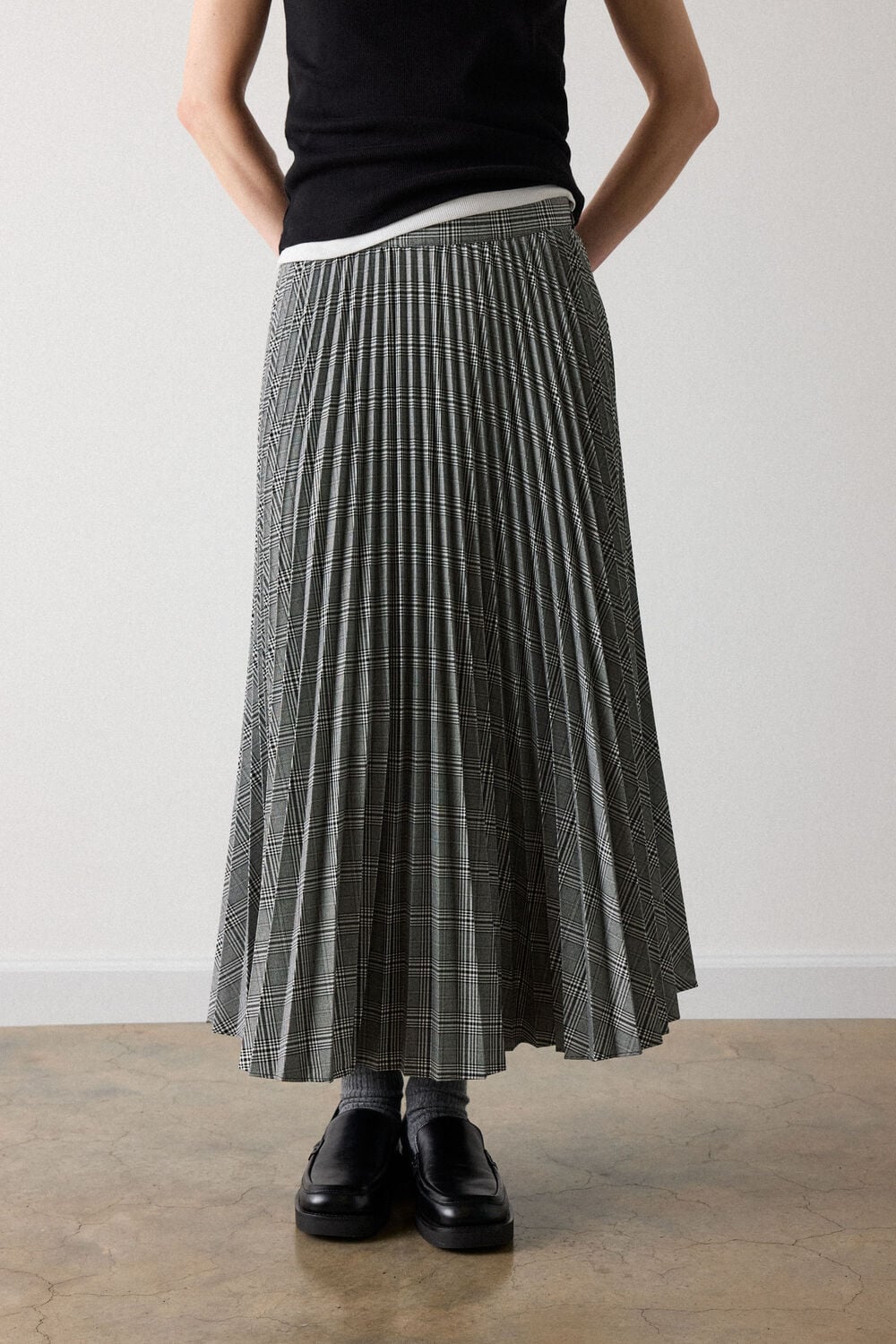 Grey Check Pleated Midi Skirt