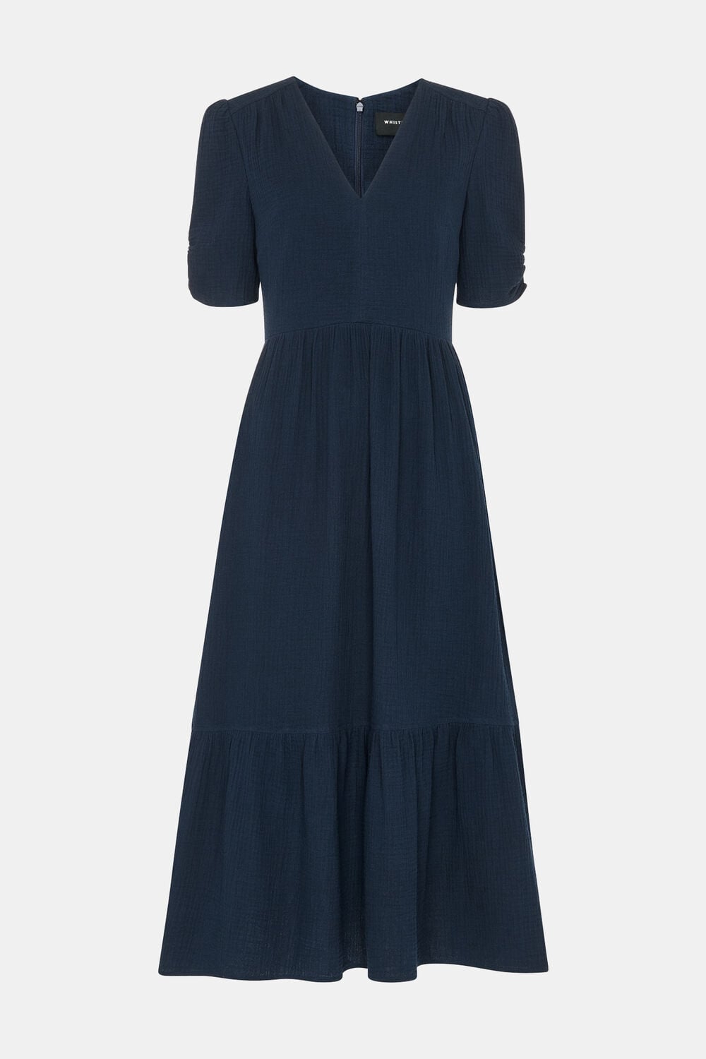 Navy Textured Cotton Midi Dress