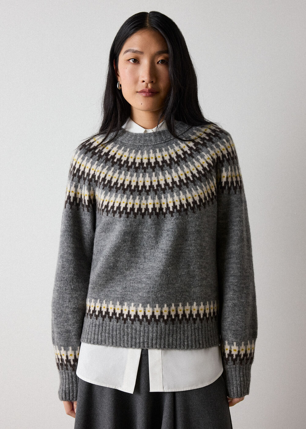 Grey Wool Mix Fairisle Detail Knit