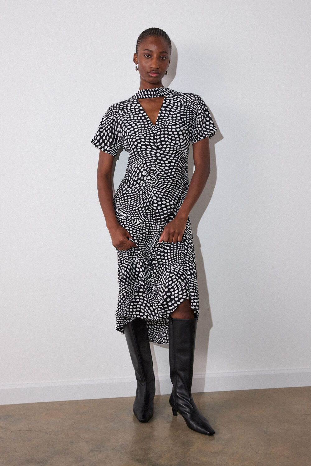 Black Petite Mixed Spot V Neck Midi Dress