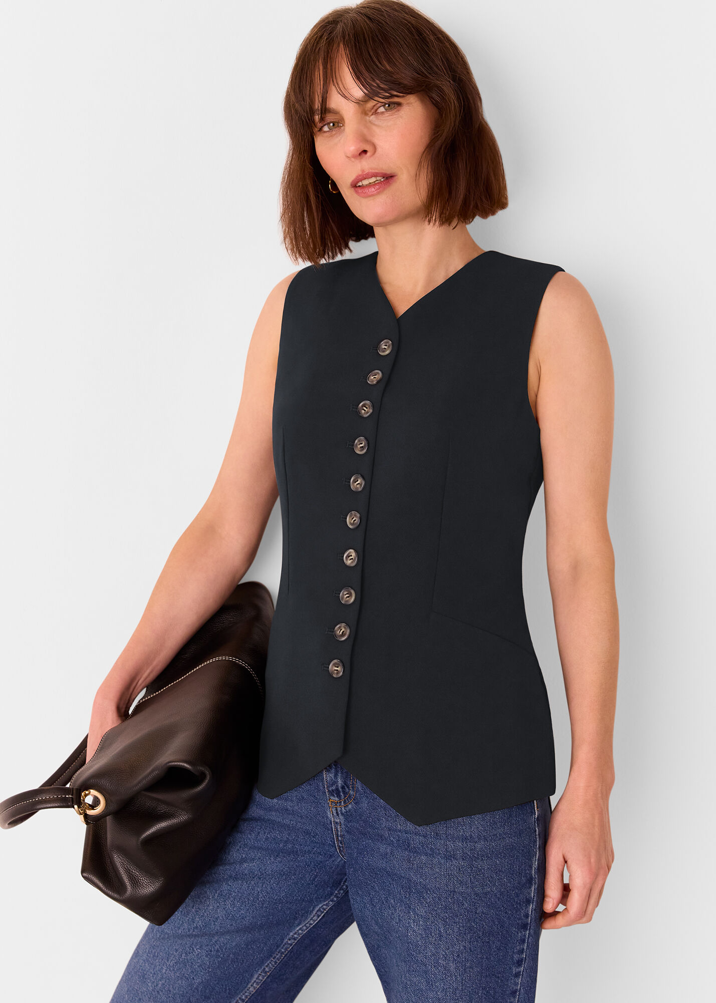 Theory Oxford Crepe CL Slim Vest  ブラック S Silk Georgette Crepe Vest | EILEEN FISHER