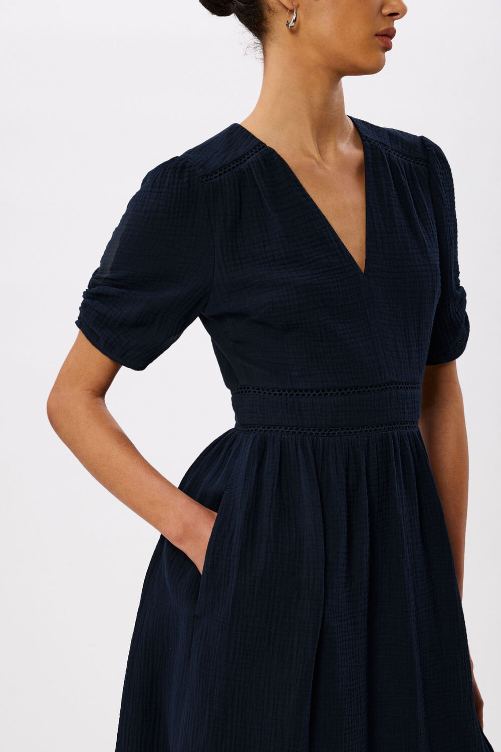 Navy V Neck Textured Midi Dress
