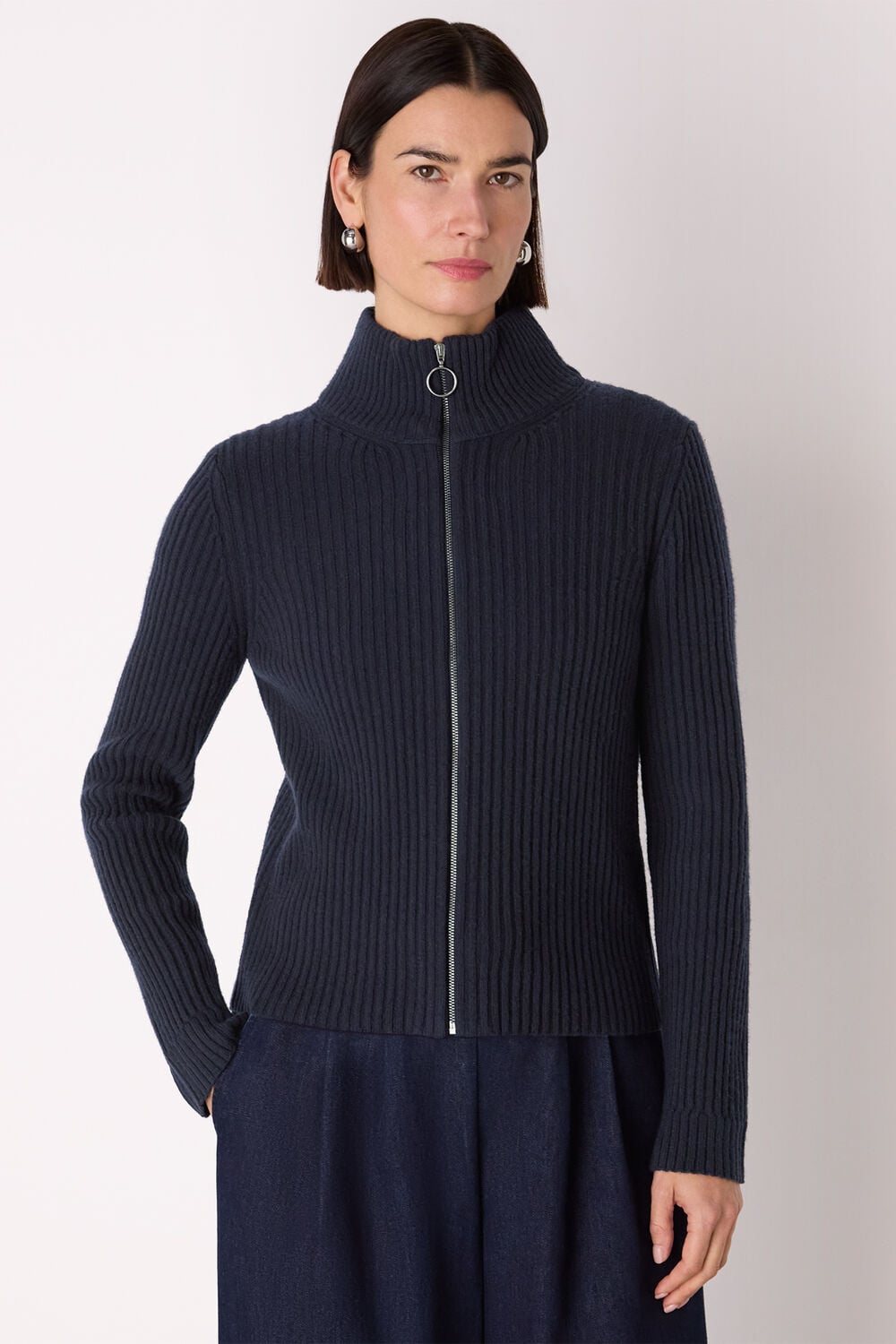 Navy Wool Zip Front Rib Cardigan