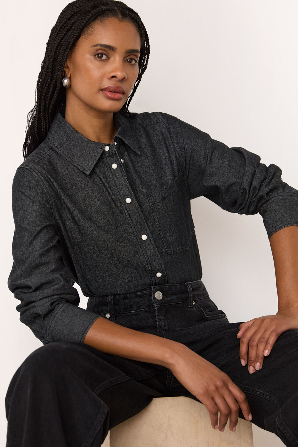 Washed Black Pocket Detail Cotton Shirt